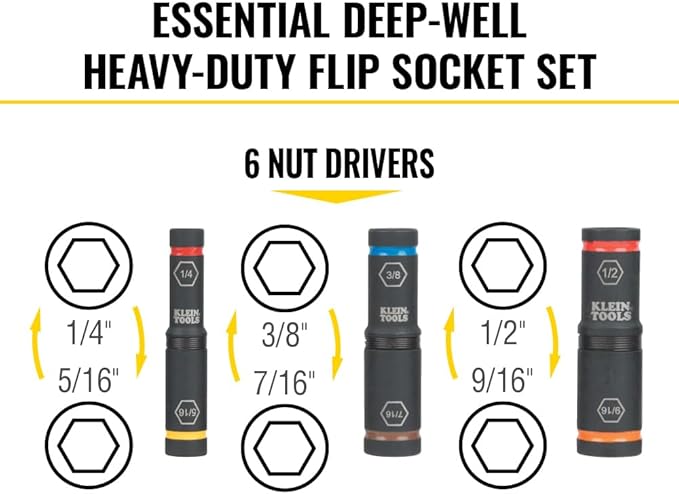 Klein Tools 65238 KNECT Impact Socket Set, Deep Sockets with Wrench, 3 Heavy-Duty Color Coded Flip Sockets, 6 SAE Sizes, Ratchet, Adapter and MODbox Case