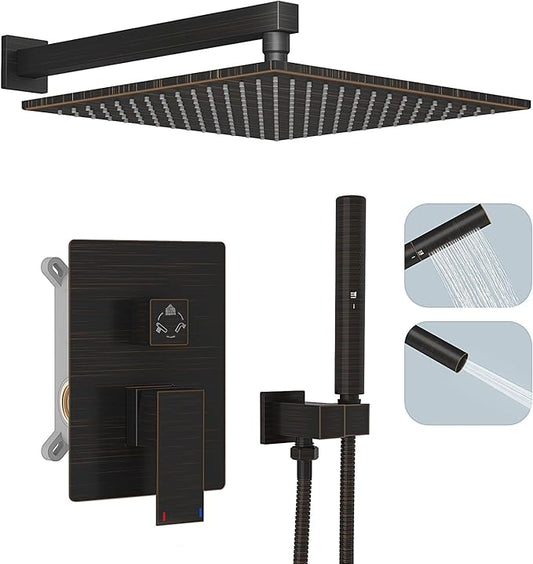 Hoimpro 12 Inch Shower Rain Head Shower System Faucet Set 2 in 1 Handheld Showerhead Wall Mounted, Rainfall Showert Head Fixture Combo, Oil Rubber Bronze