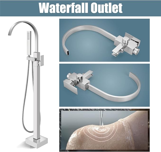 Aolemi Polish Chrome Bathtub Faucet Floor Mount Freestanding Tub Filler Bathroom Waterfall Brass Tap Swivel Spout Single Handle with Hand Sprayer