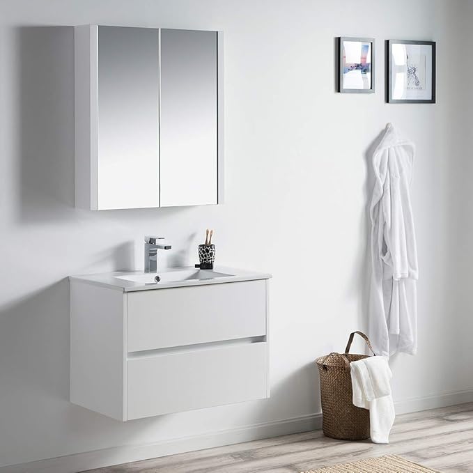 Blossom Single Bathroom Vanity with Ceramic Sink and Mirror Medicine Cabinet | All Wood Floating Vanity Cabinet | 2 Soft-Closing U-Shaped Cutout Drawers | 30 inch, Glossy White
