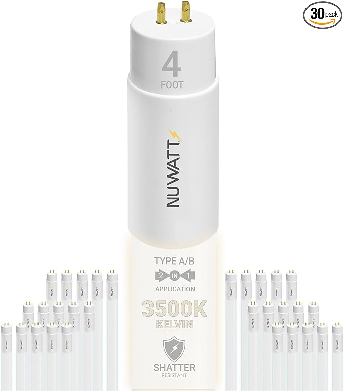 NuWatt 30 Pack 4 FT LED T8 Tube Light, T10 T12 Hybrid Type A+B, 3500K Neutral White, 18W High Brightness 2200 Lumens, Plug & Play OR Ballast Bypass Fluorescent Tube Replacement, Single or Double Ended