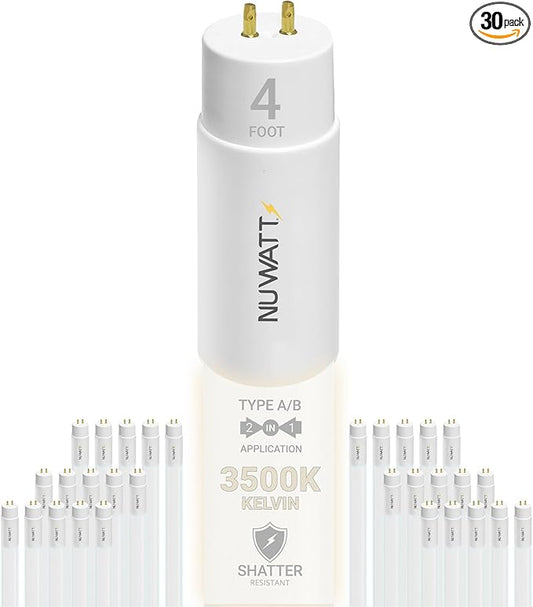 NuWatt 30 Pack 4 FT LED T8 Tube Light, T10 T12 Hybrid Type A+B, 3500K Neutral White, 18W High Brightness 2200 Lumens, Plug & Play OR Ballast Bypass Fluorescent Tube Replacement, Single or Double Ended