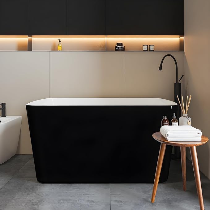 Acrylic Freestanding Bathtub, Soaking Tub with Seat, Toe-Tap Drain, Slotted Overflow, Deep Ergonomic Design, CUPC Certified, Black, 49"