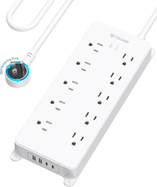 TROND 360° Rotating Plug Power Strip 10ft, Surge Protector with 2 USB A and 2 USB C, 10 Widely Spaced Outlets, 4000J, ETL Listed, Wall Mountable, for Home Office Entertainment, White