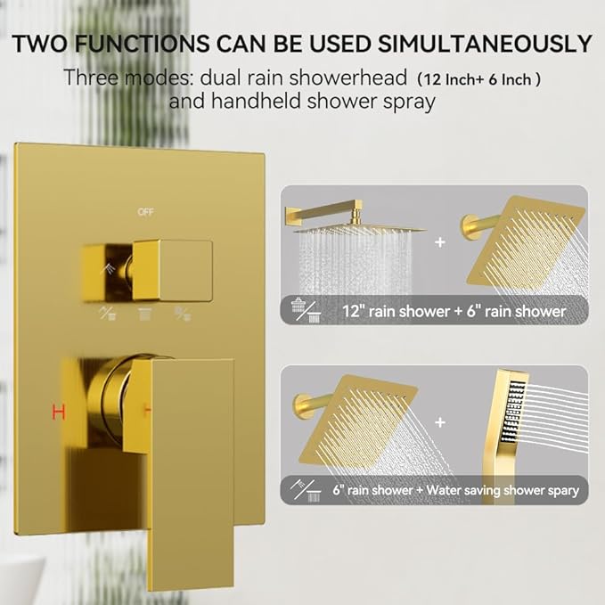 Shower Faucet Set Brushed Gold Shower System, STARBATH 12+6" Dual Rain Shower Head with Handheld Spray for Two People,Wall Mount Rainfall 3 Way Shower Valve with 5 Diverter and Trim Kit Complete