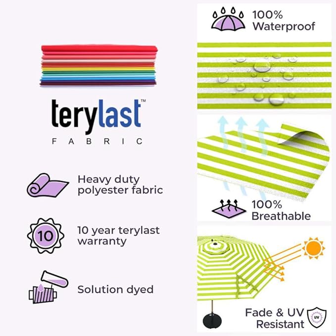 Midtown Umbrellas Push and Pop 9 Feet Outdoor Umbrella, Pear Stripes Polyester Fabric - Fiberglass Ribs Deck Patio Umbrella, Backyard Umbrella, Garden Umbrella & Pool Umbrella - Black Pole