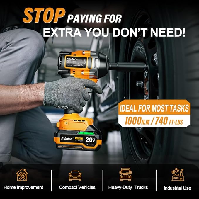 1000N.m Cordless Impact Wrench 1/2 inch,20V 740ft-lbs High Torque Impact Gun with 4.0 AH Battery,Sockets and Case,Brushless Power Impact Driver for Automotive and Heavy Duty Use