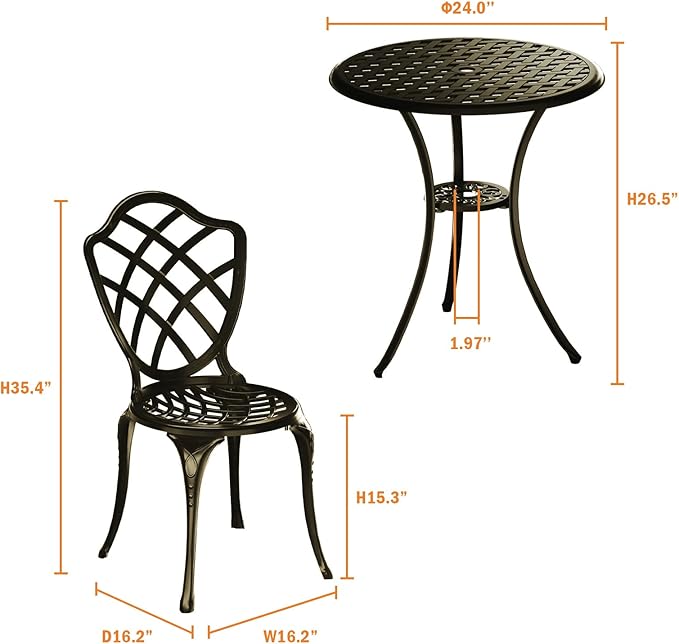 3 Piece Patio Bistro Set, Outdoor Bistro Table and Chairs Set of 2 w/Umbrella Hole, Rust-Resistant Cast Aluminum Bistro Set for Garden/Balcony/Backyard, Golden Bronze