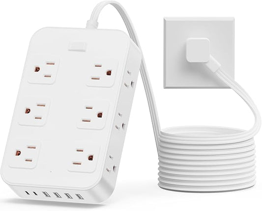 Flat Plug Power Strip Surge Protector with 12 AC Outlets 6 USB Ports 3 Side Multi Plug Outlet Extender 5 Ft Extension Cord for Home Office Kitchen Dorm Wall Desk Charging Station ETL Listed