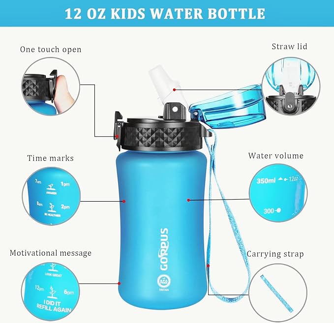 GOPPUS Kids Water Bottle with Straw Spout Lid 10pcs Stickers 12 oz Leak-proof BPA Free Motivational Time Marker Tritan Plastic Water Bottles for Girls Boys School Sports