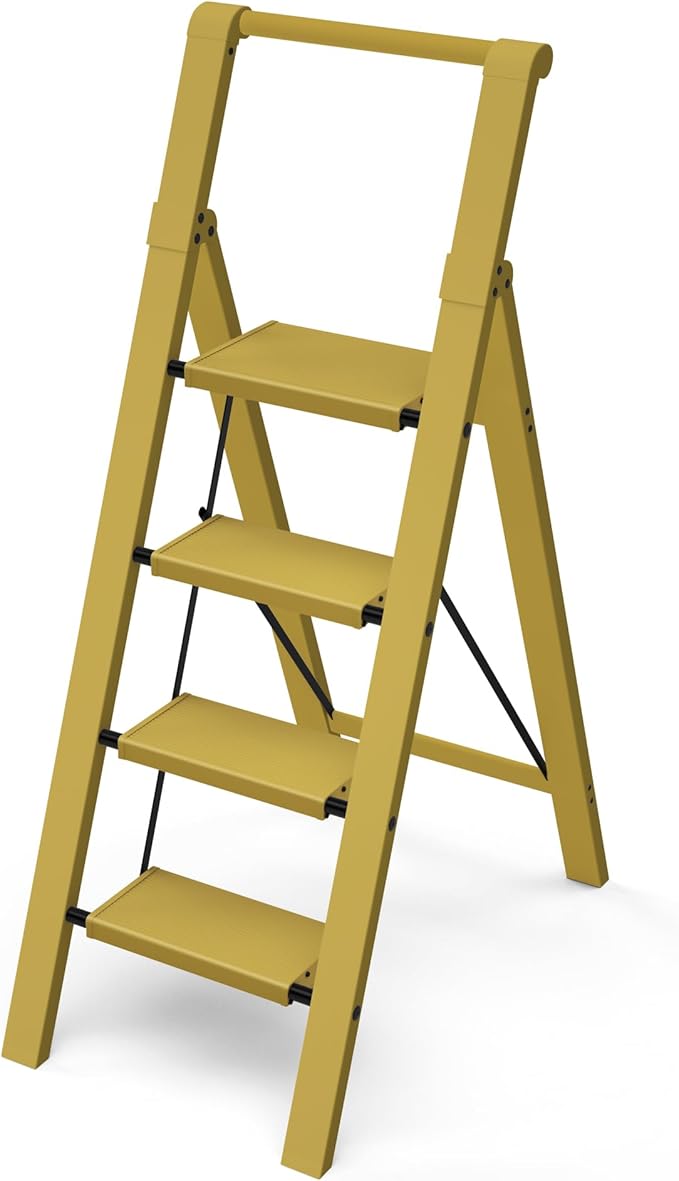 Taranta 4 Step Ladder, Lightweight Aluminum Step Stool with Convenient Handgrip, Folding Ladder with Anti-Slip Pedals, 330lbs Capacity Stepladder for Home, Office, Kitchen - Twilight Yellow