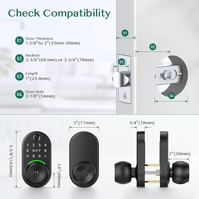 Keypad Smart Door Lock with Knob, Yamiry Keyless Entry Digital Lock with Handle, Fingerprint Electronic Knob for Front Door, Generate Passcode Remotely, Easy Installation