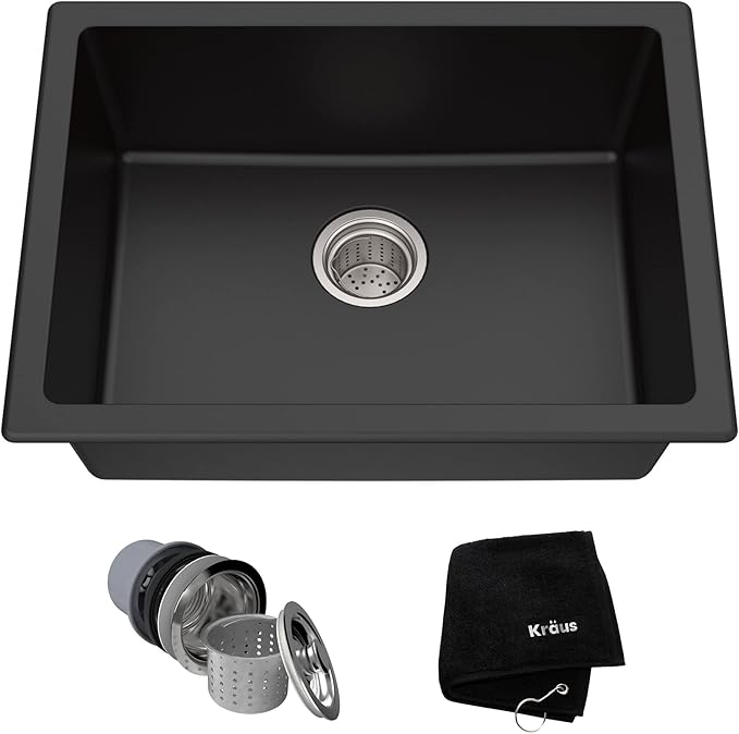 KRAUS Quarza 24-inch Kitchen Sink Drop-In/Undermount Single Bowl Granite Kitchen Sink Black Onyx, KGD-410B
