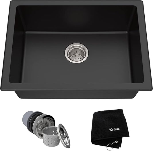 KRAUS Quarza 24-inch Kitchen Sink Drop-In/Undermount Single Bowl Granite Kitchen Sink Black Onyx, KGD-410B
