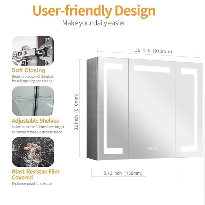 Stainless Steel LED Medicine Cabinet,Bathroom Mirror Cabinet with Light,3 Color,Dimmable,Equipped with Defogger,USB Shavor Socket,Internal Light,36×32 Inch