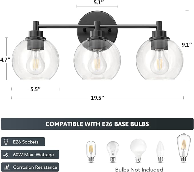 VONLUCE Bathroom Light Fixtures, 3-Light Vanity Light with Globe Glass Shades E26 Sockets, Bathroom Lights Over Mirror for Bedroom Hallway Living Room, Black Finish