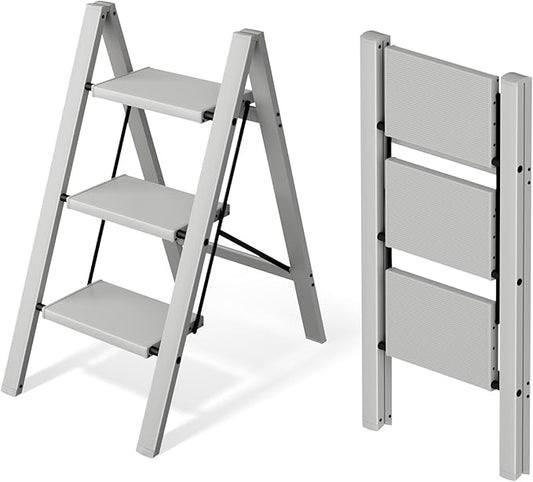 3 Step Ladder,Aluminum Folding Step Stool for Adults,Step Ladder with Wide Anti-Slip Pedal,330 lbs Capacity for Home,Office,Kitchen,Library(Grey)