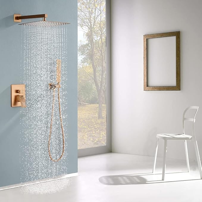 Iriber Brushed Rose Gold Rain Shower System with 12 Inch Shower Head and Handheld Bathroom Wall Mounted Shower Set Contain Shower Faucet Mixer and Trim Kit (Valve Included)