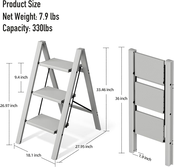 3 Step Ladder,Aluminum Folding Step Stool for Adults,Step Ladder with Wide Anti-Slip Pedal,330 lbs Capacity for Home,Office,Kitchen,Library(Grey)