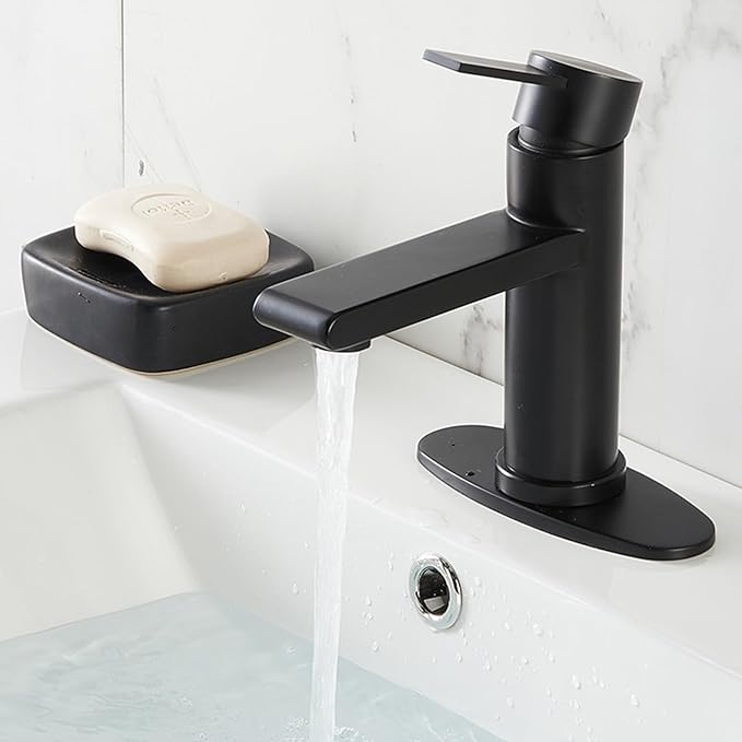 Black Bathroom Faucet Single Hole Bathroom Sink Faucet, Matte Black Single Handle Vanity Basin Faucet with Supply Deck Plate, Modern Farmhouse RV Faucet 1 or 3 Holes