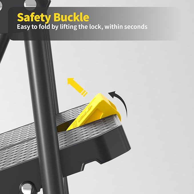 KINGRACK 2 Step Ladder, Sturdy Steel Step Stool with Safe-Lock Design, Handrail, Anti-Slip Wide Pedals, Pass 800lbs Load Testing, Folding Portable Ladder for Multi-Purpose, Home, Kitchen, Black