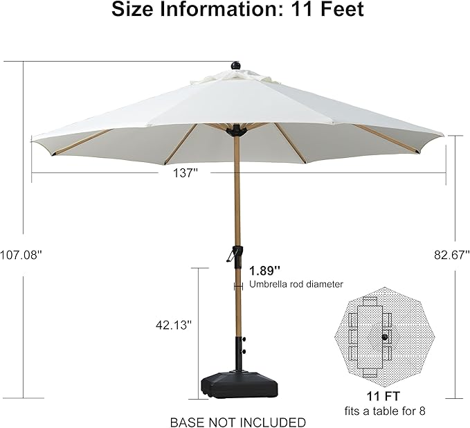 PURPLE LEAF 11 Feet Patio Umbrella Outdoor Table Umbrella Round Aluminum Market Umbrella with 8 Sturdy Ribs & Crank Commercial Outdoor Umbrellas for Garden Deck Patio, Cream