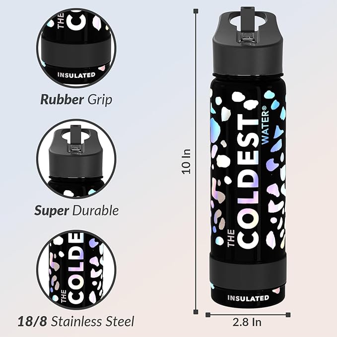 Coldest Sports Water Bottle - (Straw Lid), Leak Proof, Vacuum Insulated Stainless Steel, Hot Cold, Double Walled, Thermo Mug, Metal Canteen (24 oz, Moonlight Leopard)