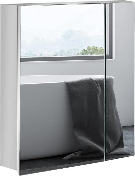 kleankin Wall-Mounted Medicine Cabinet with Mirror, Bathroom Mirror Cabinet Wall Mounted with Hinged Door, Storage Shelves for Living Room and Laundry Room, 21" x 24", Silver