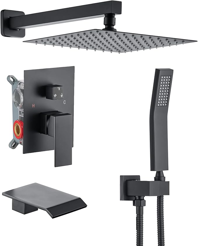 Rainfall Shower System with Tub Spout，Bathroom Rain Shower Head 10 Inch， Three-functions Shower Faucet Set Luxury Rain Shower Head Set，Shower Faucet Combo，Black