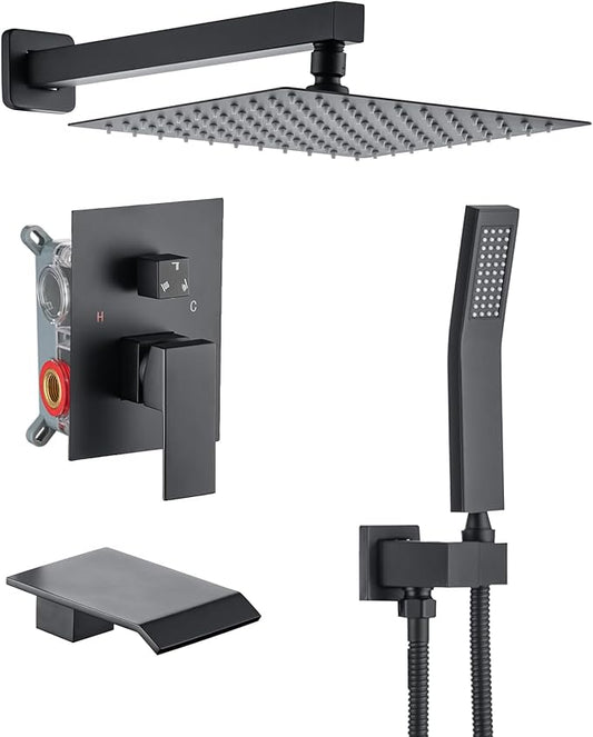Rainfall Shower System with Tub Spout，Bathroom Rain Shower Head 10 Inch， Three-functions Shower Faucet Set Luxury Rain Shower Head Set，Shower Faucet Combo，Black