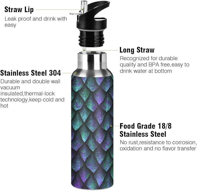 Dragon Scales Texture Stainless Steel Water Bottle with Straw, BPA Free Reusable Leakproof Water Jug for Fitness Camping Outdoor Sports