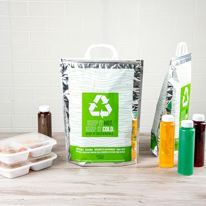 Restaurantware Cater Tek 11.8 x 5.9 x 15 Inch Hot And Cold Bag 1 Triple Layer Insulated Bag - Snap Lock Handles Waterproof Green & Silver Plastic Thermal Lunch Bag For Frozen & Hot Items