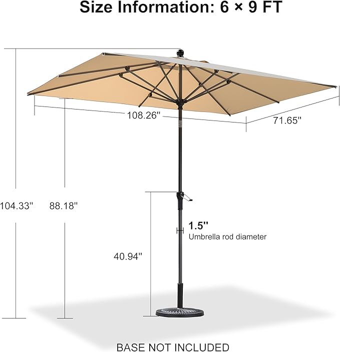 PURPLE LEAF 9' x 6' Rectangular Patio Umbrella Outdoor Table Umbrella Aluminum Frame Market Umbrella Sun Umbrella with 8 Sturdy Ribs & Tilt for Garden Deck Lawn & Pool Beige