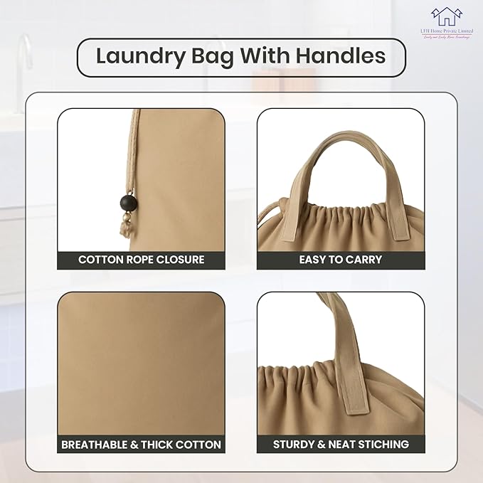 LFH Home Cotton Canvas Large Laundry Bag with Handle, Heavy Duty Drawstring Closure Washable Laundry Bags, School Travel, Home, Hotel, College Dorm, Organizer Sack, Toys Clothes 24x36-Beige