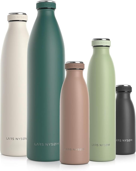 LARS NYSØM Stainless Steel Insulated Water Bottle 12oz 17oz 25oz 34oz 51oz | BPA-free Insulated Thermo Flask for Hot and Cold Beverages | Leakproof Drinking Bottle (Café au Lait, 17oz)