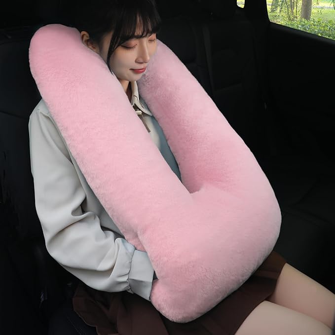 Kids Travel Pillow for Car Seat with Hand Muff, Cartoon Neck & Headrest Seat Belt Pillow for Car Road Trips Long-Distance Travel Sleeping Pillow for Adults and Children, Pink
