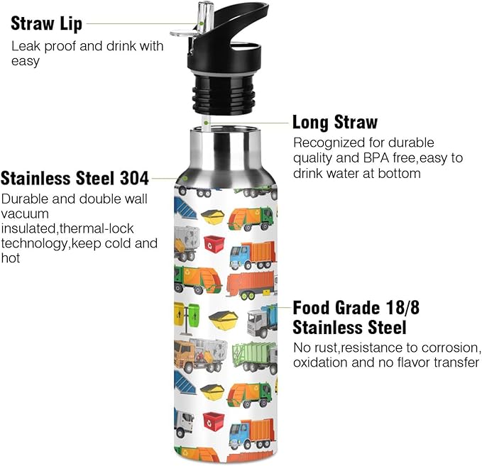 Garbage Trucks Stainless Steel Water Bottle with Straw Lid - 20 Oz Sports Insulated Water Bottle Thermos for Sport Gym Outdoor Travel School (DZ002)