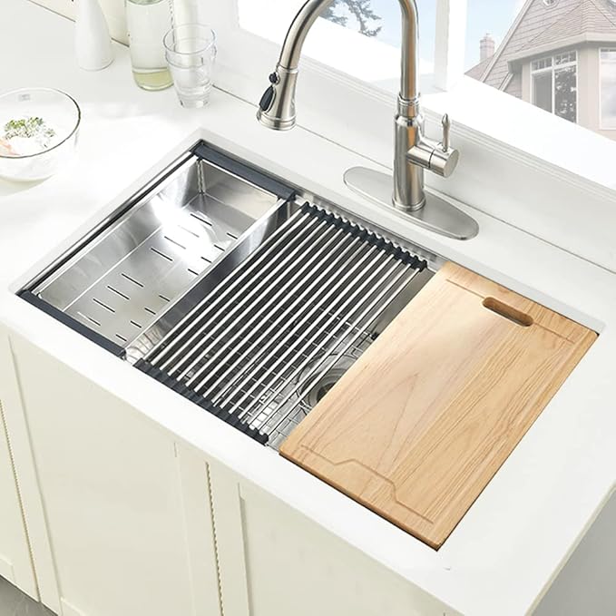 32-inch Undermount Workstation Kitchen Sink Single Bowl 16 Gauge Stainless Steel Kitchen Sink Handmade R10 Deep Basin