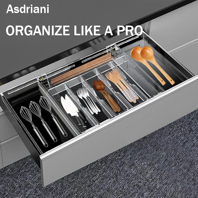 Acrylic Silverware Drawer Organizer Kitchen,Expandable Drawer Organizer,Silverware Organizer for Forks and Knives,Multipurpose Kitchen Organizers Divider and Storage Solution(pull-out,transparency)
