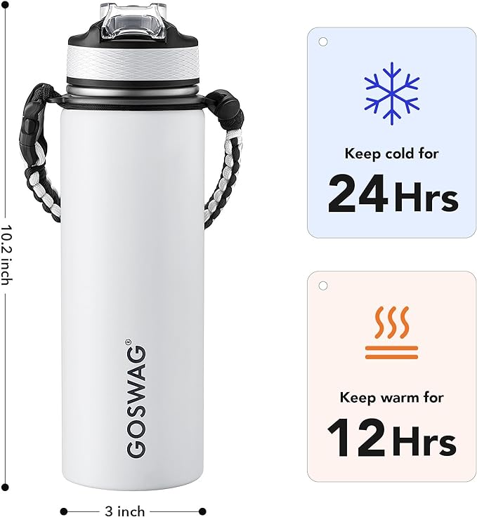 GOSWAG Insulated Sports Water Bottle, 24oz 2 Lids(with Straw/No Straw), Stainless Steel Water Bottles with Paracord Handle, Insulated Thermos with Double-Wall Vacuum Insulation