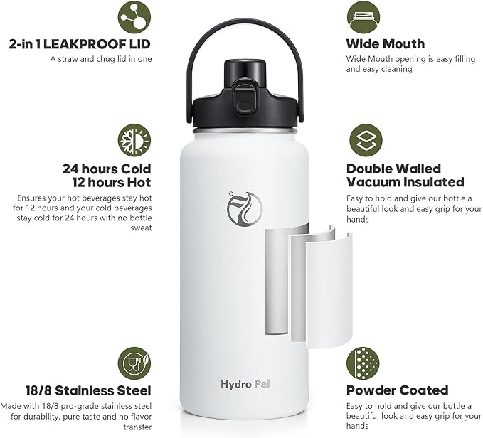 Half Gallon Insulated Water Bottle with 2-in-1 Lid (Chug Lid/Straw Lid), 40/64oz Double Walled Vacuum Stainless Steel Water Bottles, Water Jug with Straw