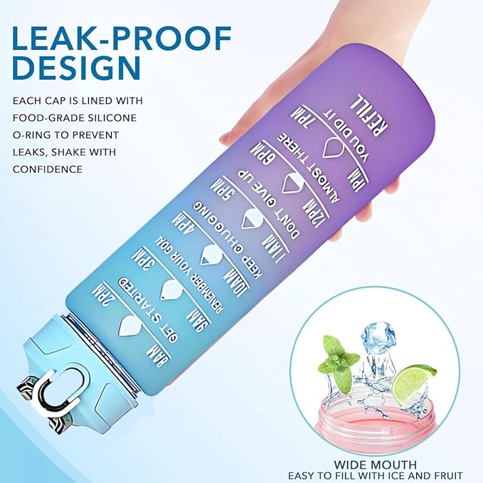 Generic Drinking Water Bottles Fitness Sports With Time Marker, 900 ml, Multiple Colors, Motivational Drinking Bottles (Blue+Purple), XH-2081