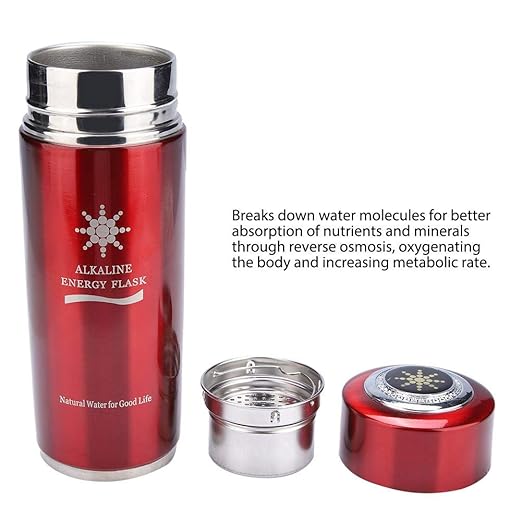 Alkaline Water Glass, Stainless Alkaline Water Bottle Portable Nano Balance Bio Energy Lonizer Cup Flask Portable Water Filter for Hiking, Camping(Red)