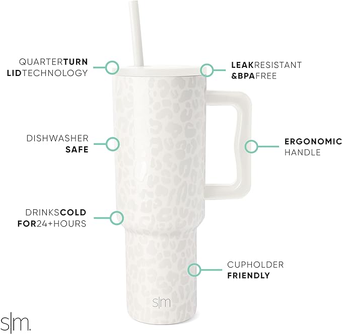 Simple Modern 40 oz Tumbler with Handle and Straw Lid | Insulated Cup Reusable Stainless Steel Water Bottle Travel Mug Cupholder Friendly | Gifts for Women Him Her | Trek Collection | Cream Leopard