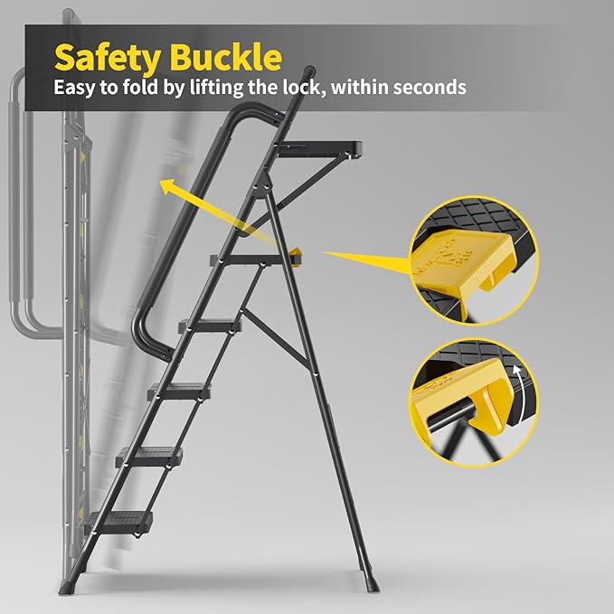 KINGRACK 5 Step Ladder with Tool Platform, Folding Step Stool with Handrails, Sturdy Steel Ladder with Wide Pedal, 800 LBS Portable Safety Ladder for Adults Painting Home Outdoor Garage