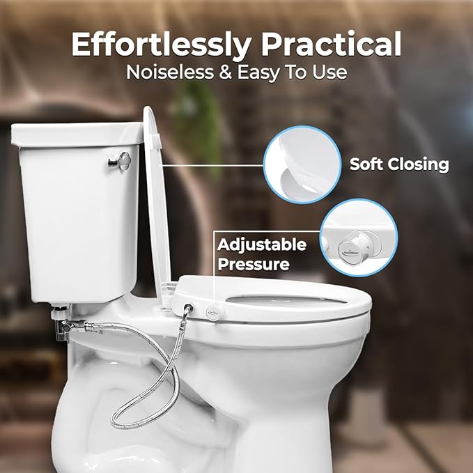 GenieBidet Bidet Toilet Seat Round - Bidet Toilet Seat with Adjustable Self-Cleaning Nozzles, Attachment, T Adapter & Bottle - Non Electric Bidet Seat