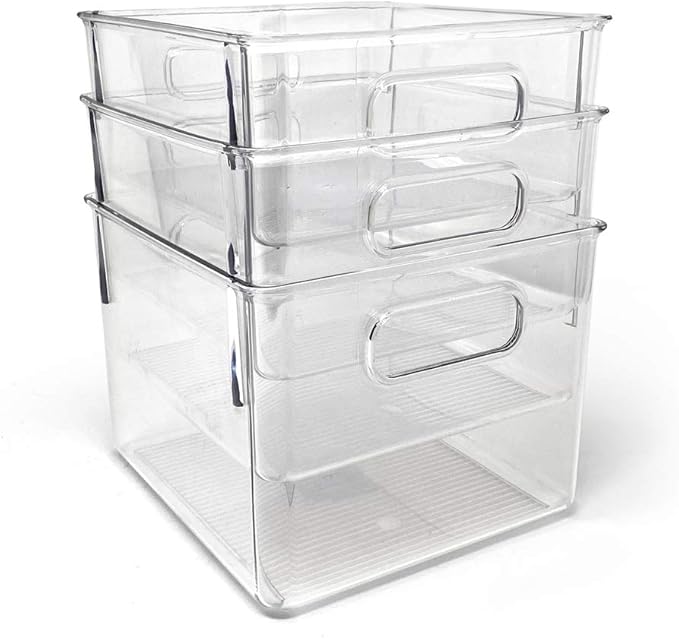 Isaac Jacobs 3-Pack Medium Clear Storage Bins with Handles, Plastic Organizer for Home or Fridge/Freezer, Pantry and Kitchen Non-Slip Container Set, BPA Free, Food Safe (3-Pack, Medium)