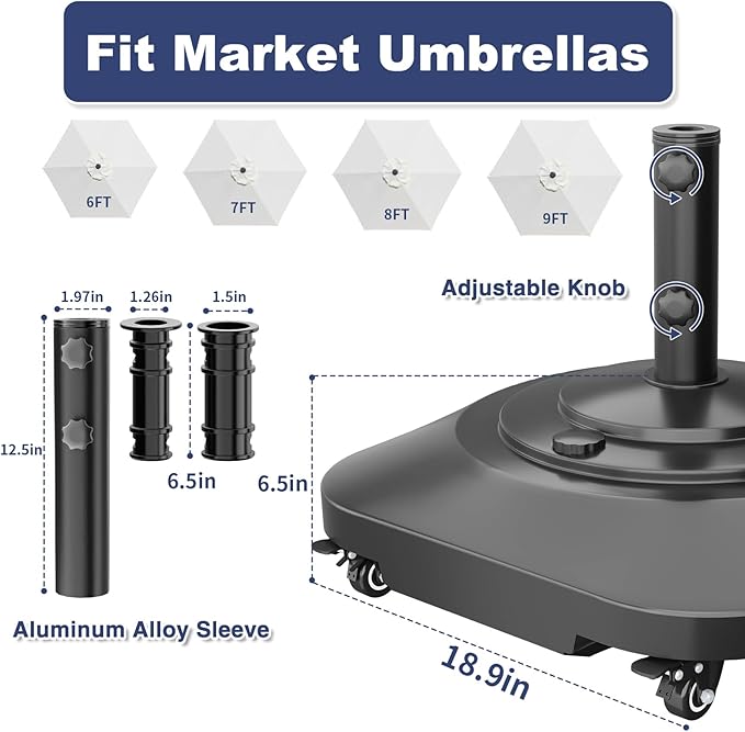 🥇 Patio Umbrella Base Heavy Duty with Wheels, Max 100lb Fillable Umbrella Stand Mobile Square Market Stand, Windproof Outdoor Umbrella Holder for Deck, Poolside, Lawn, Fits Muti Sized Umbrellas