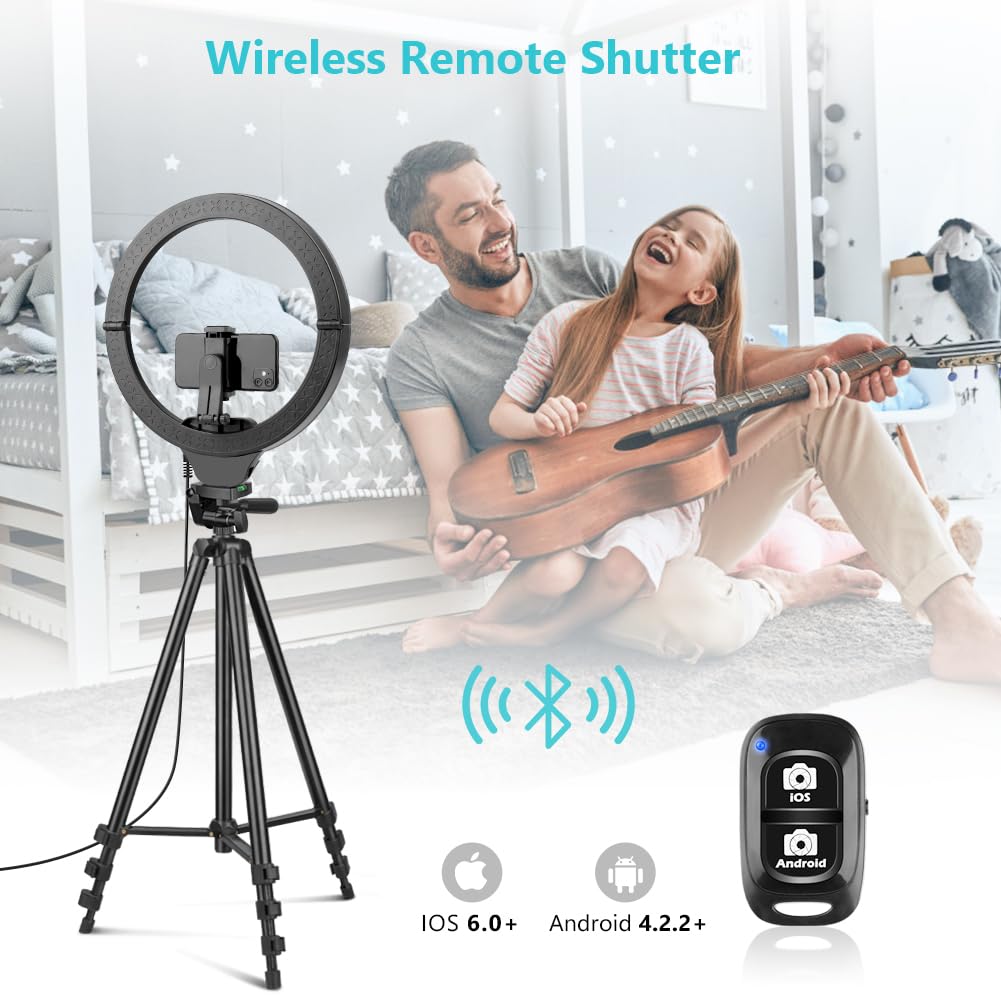 Sensyne 10'' Ring Light with 50'' Extendable Tripod Stand, LED Circle Lights with Phone Holder for Live Stream/Makeup/YouTube Video/TikTok, Compatible with All Phones