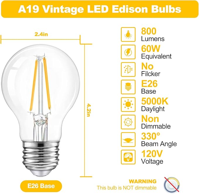 dalattin A19 Vintage LED Edison Bulbs, 60W Equivalent Light Bulbs, 2700K Soft White, Clear Glass Filament Bulb, Efficient 8W, E26 Base, 800 LM, CRI80+, Non-Dimmable for Home, Farmhouse, 12 Pack